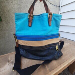Fossil Explorer Leather Fold Over Crossbody Hobo Tote Shoulder Bag Blue Tan